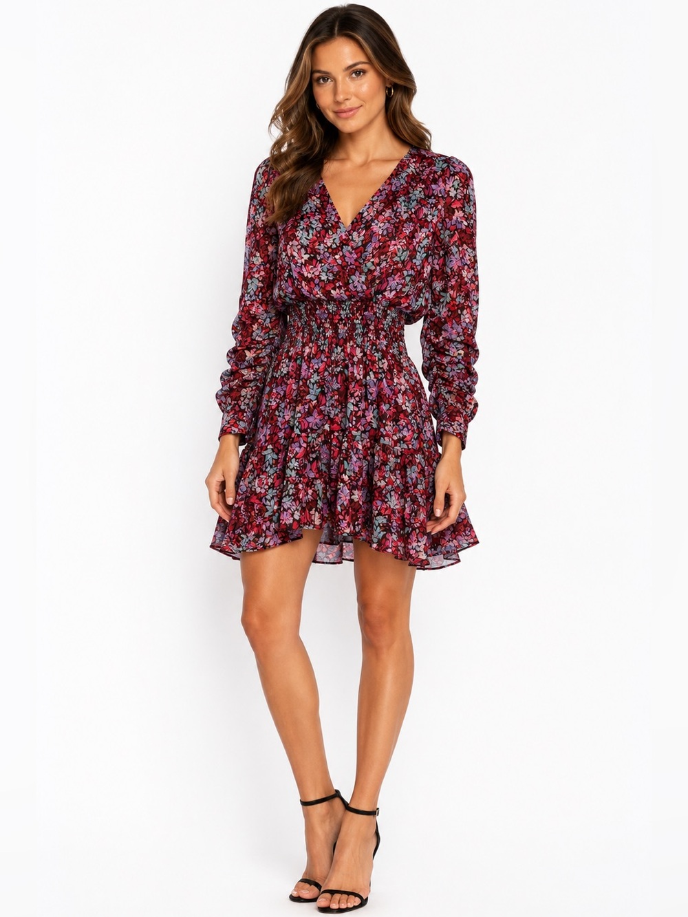🌺 MISA Los Angeles Floral Smocked Waist Ruched Sleeve Ruffle Mini Dress🌺